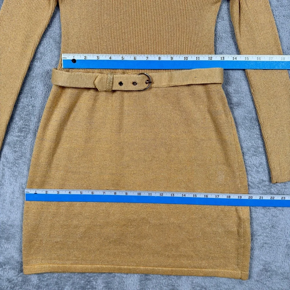 Free People Gold Lurex Ribbed Knit Belted Mini Dress Small French Girl Mock Neck